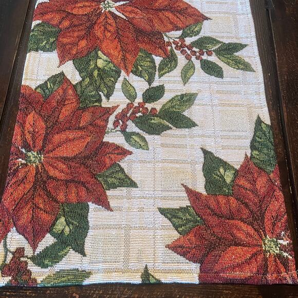 Christmas Poinsettia Metallic Plaid Tapestry Table Runner 13x70 Cream Red NWT - Picture 4 of 9